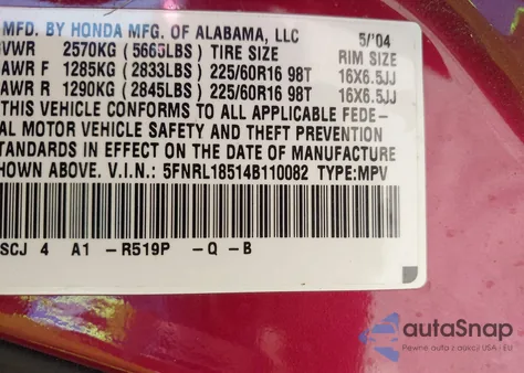 2004 Honda Odyssey Lx z USA, uszkodzony, nr VIN 5FNRL18514B110082